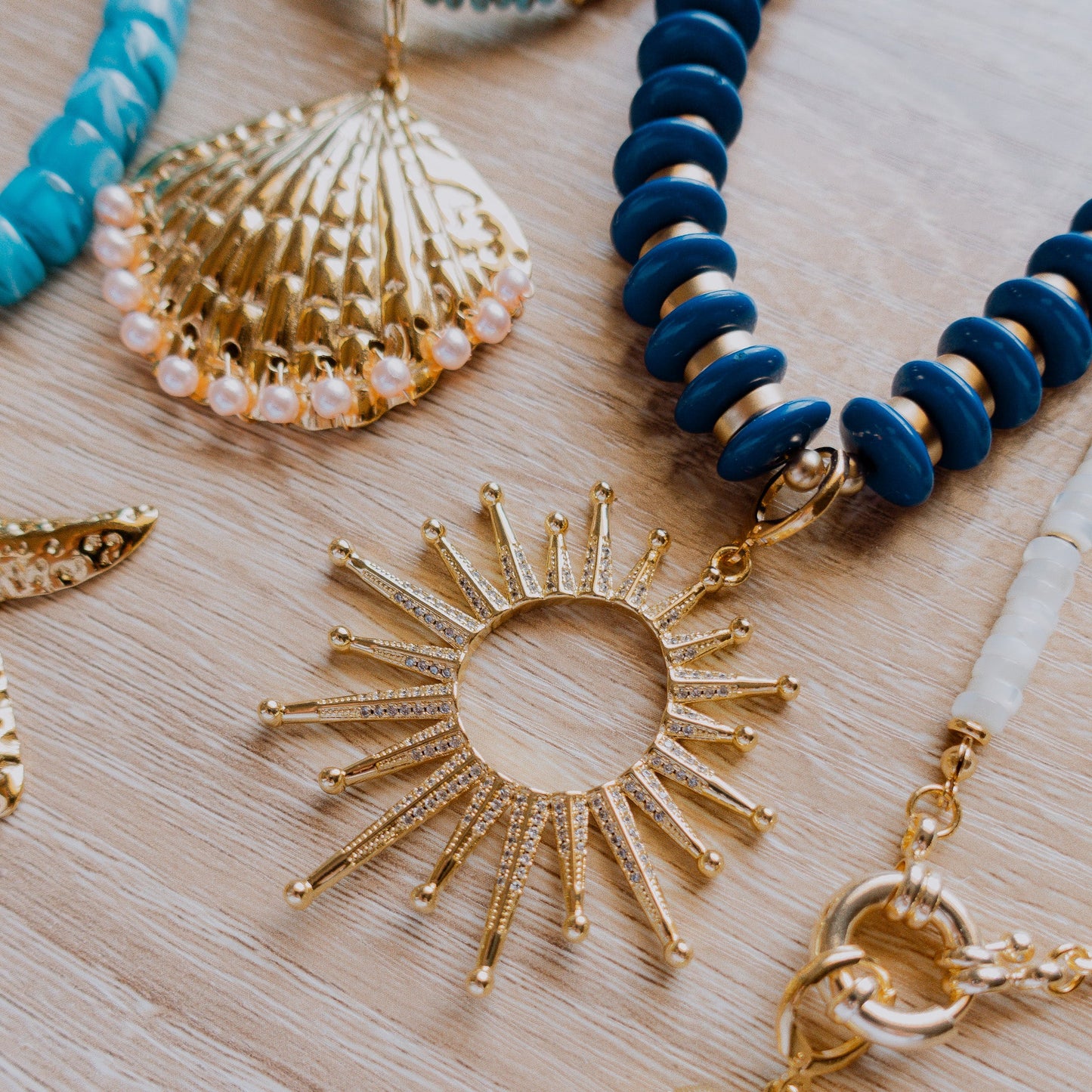 Necklace - Amelia Blue Beaded Necklace with Open Sun Charm - Curated Dry Goods