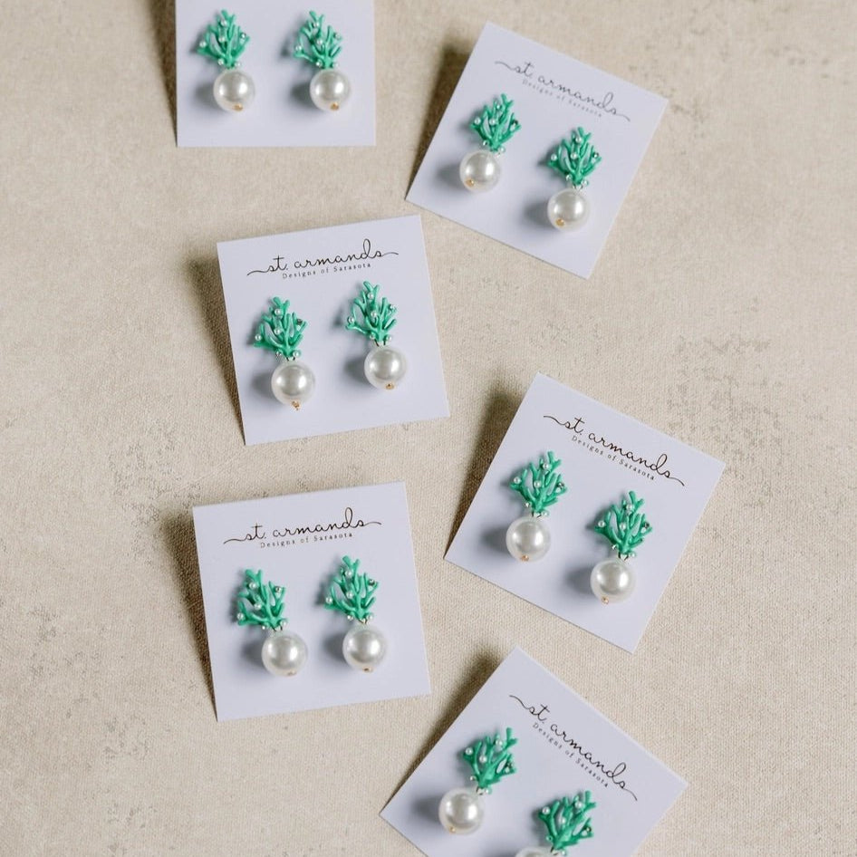 Earrings - Coral and Pearl Drop Earrings - Curated Dry Goods