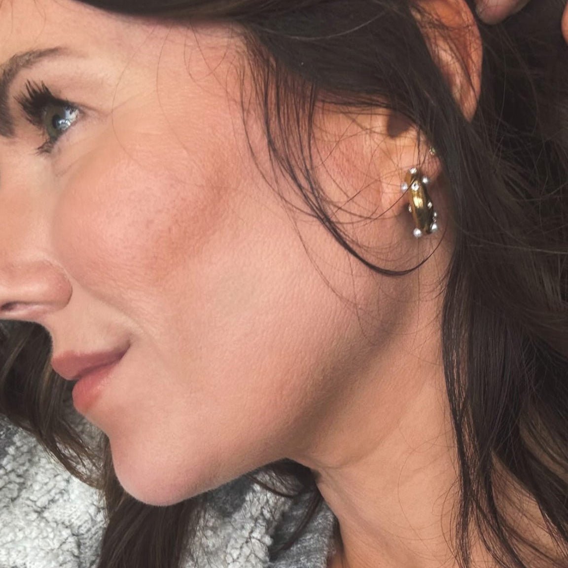 Earrings - Diamond and Pearl Chunky Huggie Statement Earrings - Curated Dry Goods