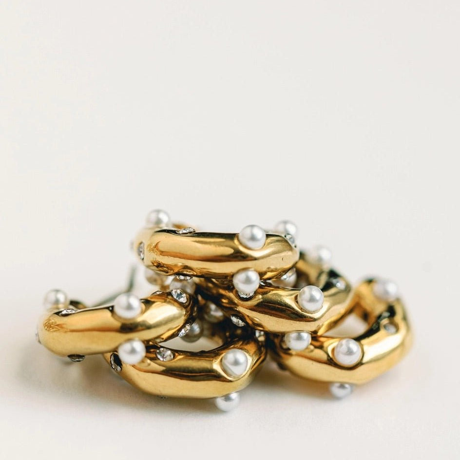 Earrings - Diamond and Pearl Chunky Huggie Statement Earrings - Curated Dry Goods