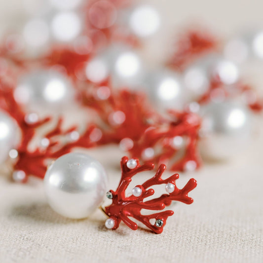 Earrings - Red Coral and Pearl Drop Earrings - Curated Dry Goods