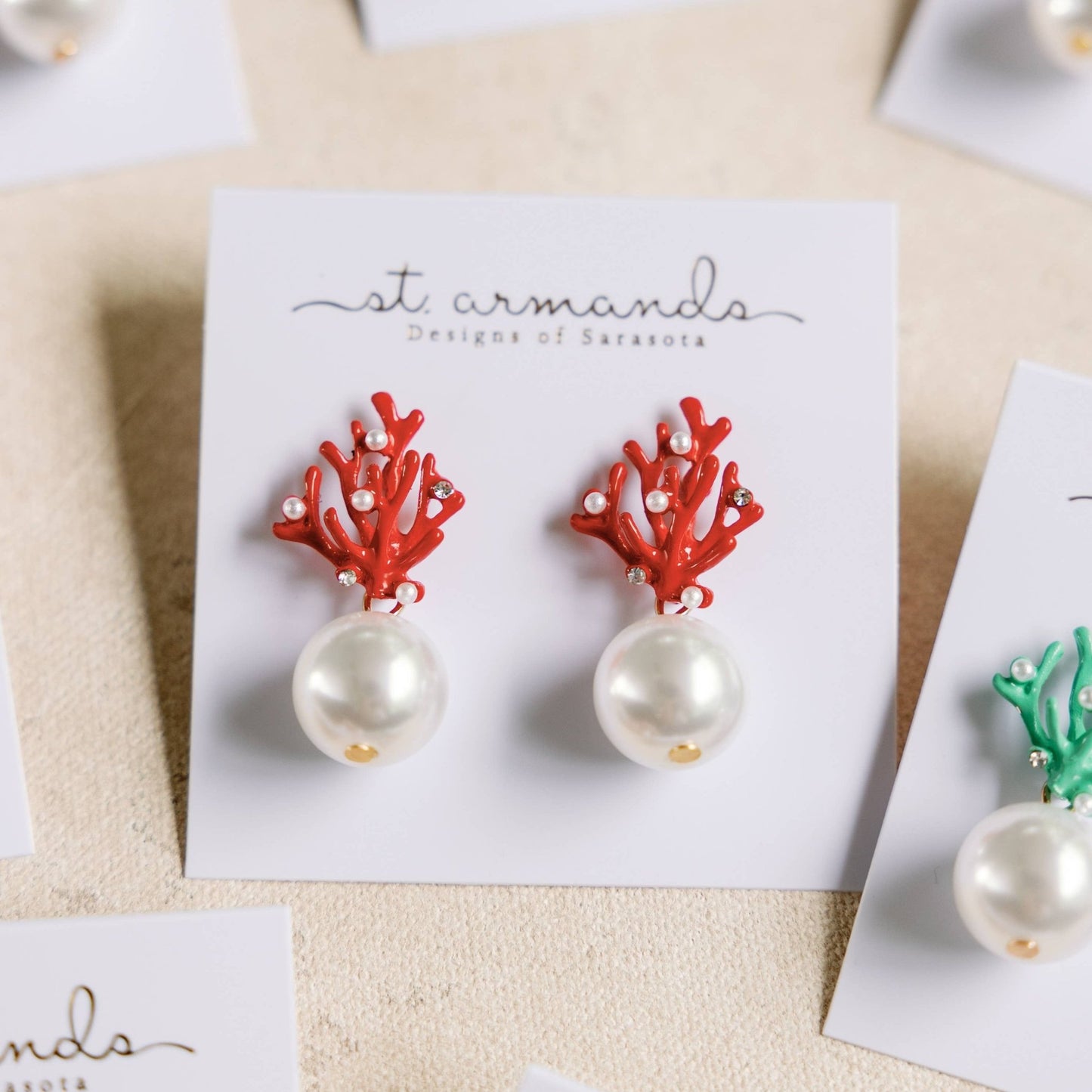 Earrings - Red Coral and Pearl Drop Earrings - Curated Dry Goods