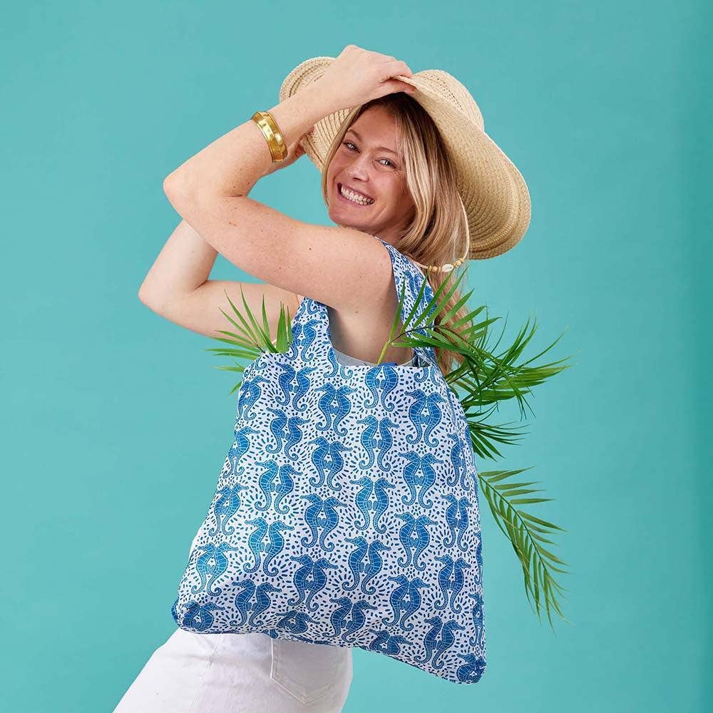 Bags - Seahorse Print Reusable Shopper Tote - Curated Dry Goods