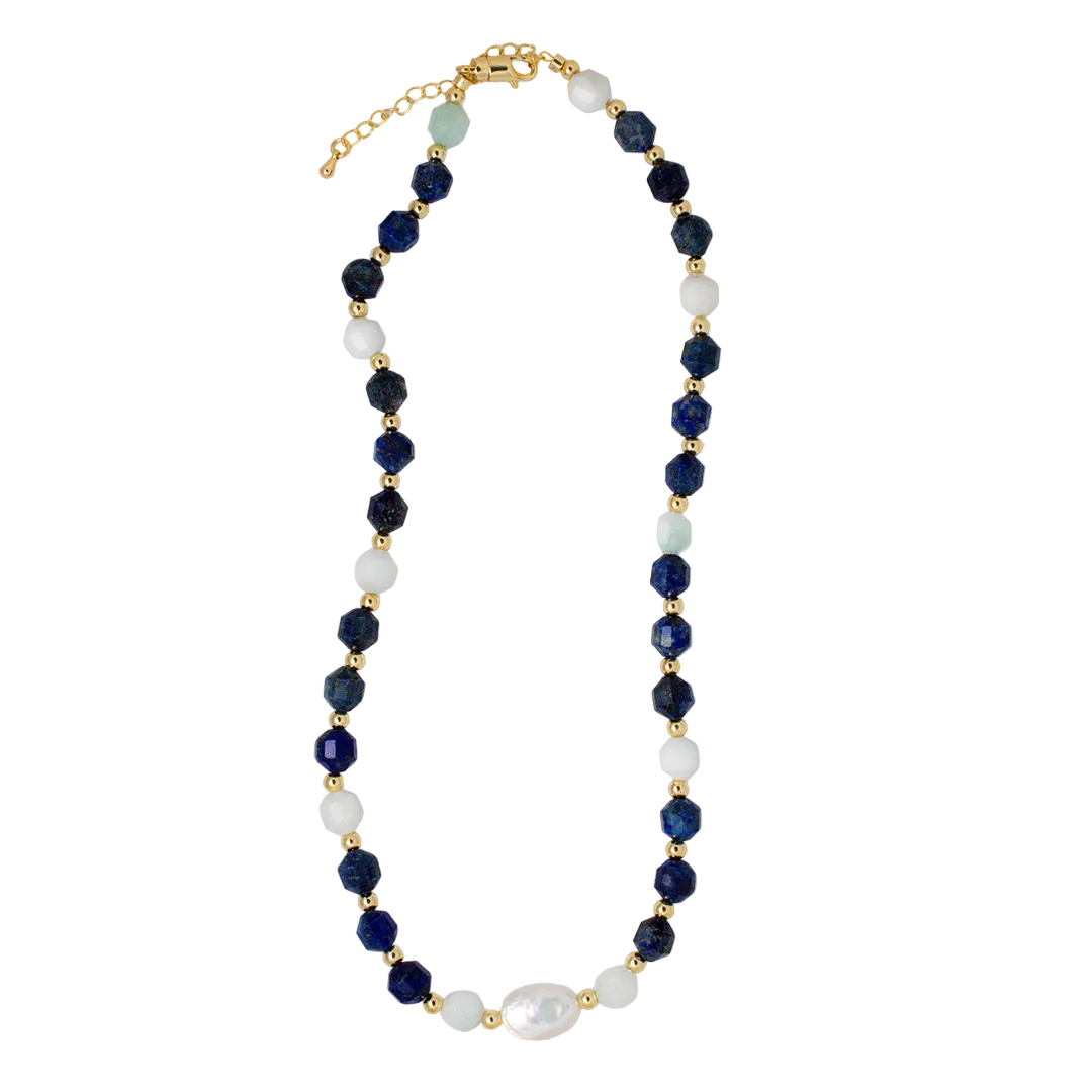 Blue Spring Lapis Aquamarine and Pearl Necklace