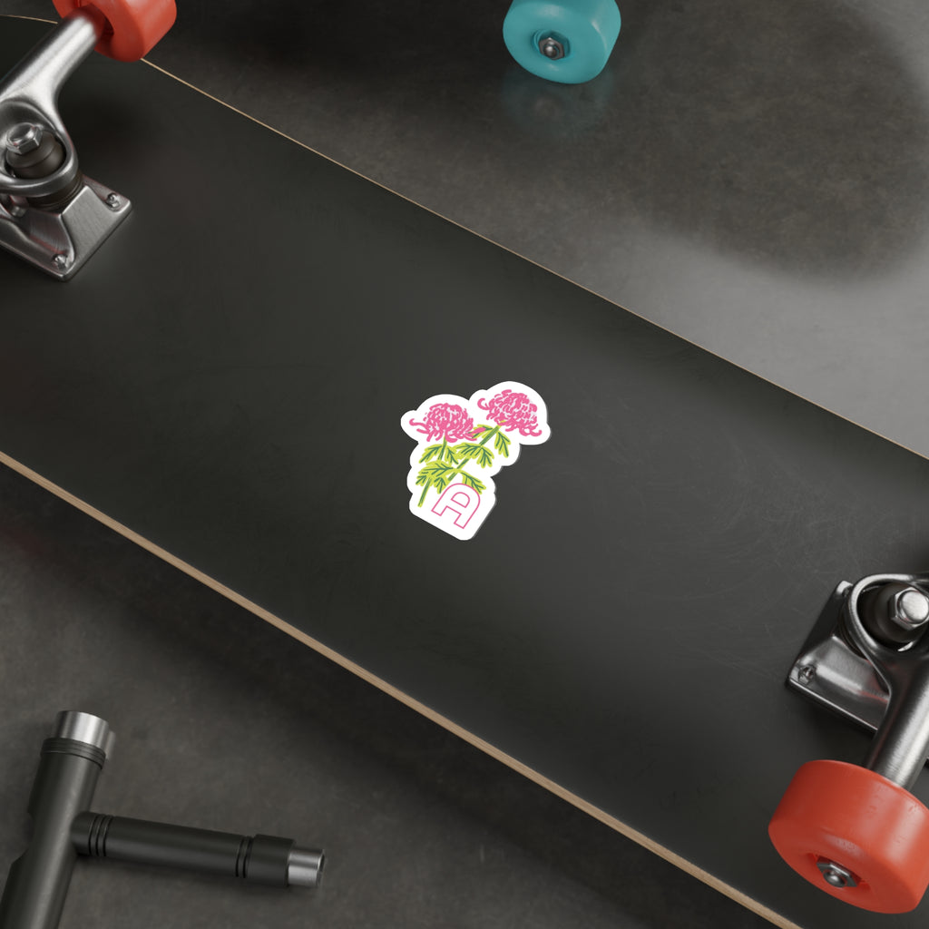 November birthday flower sticker on the underside of a skateboard