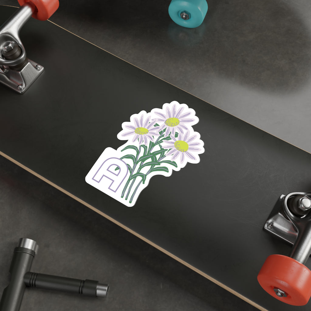 September birthday flower sticker on the underside of a skateboard