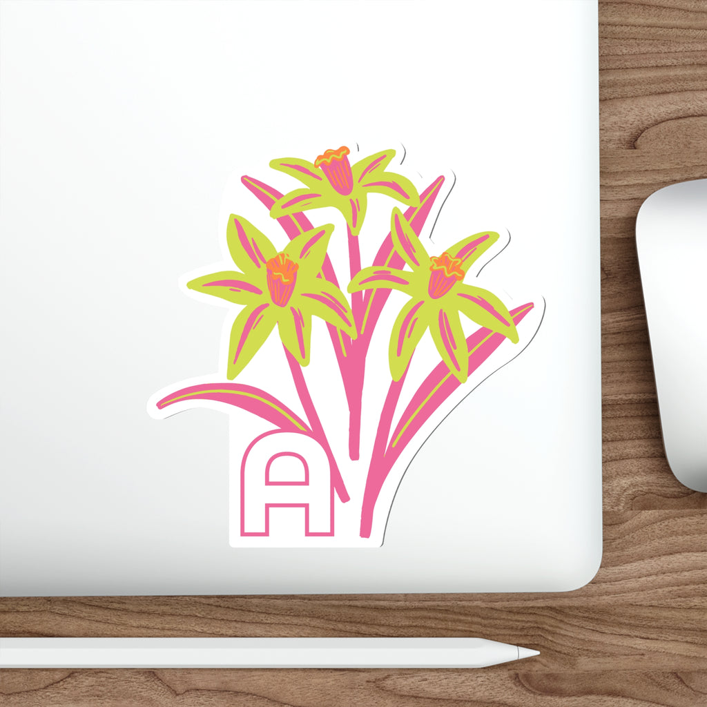 March birthday flower sticker on a laptop