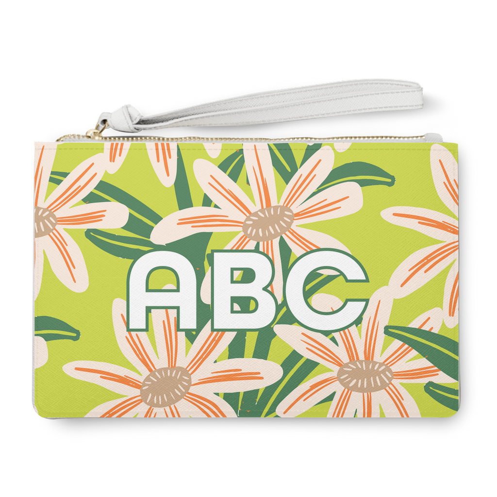 April daisy birthday flower print on a personalized clutch bag