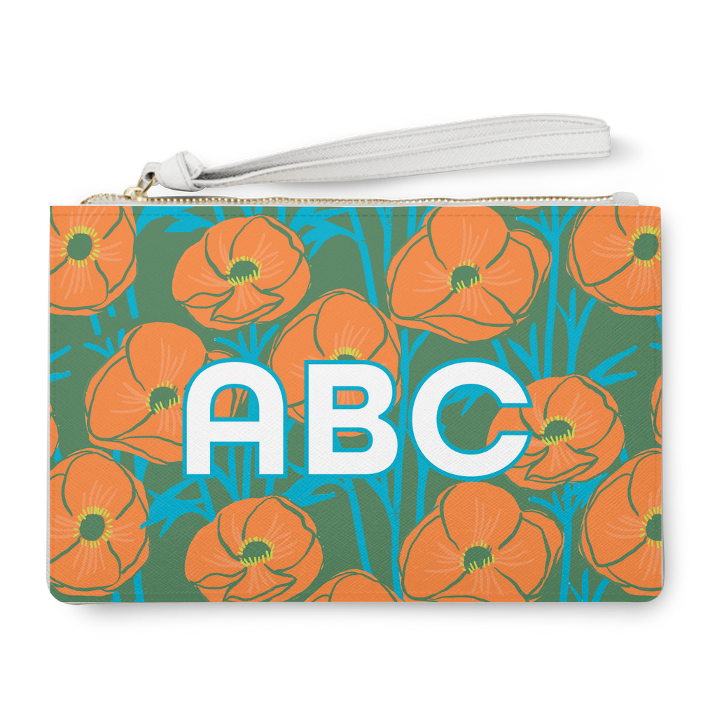 August poppy birthday flower print on a personalized clutch bag