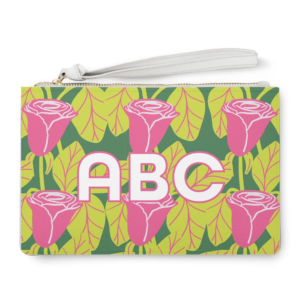 June rose birthday flower print on a personalized clutch bag
