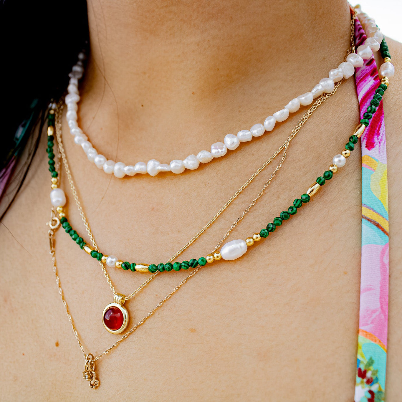 Bahia Malachite and Freshwater Pearl Beaded Necklace