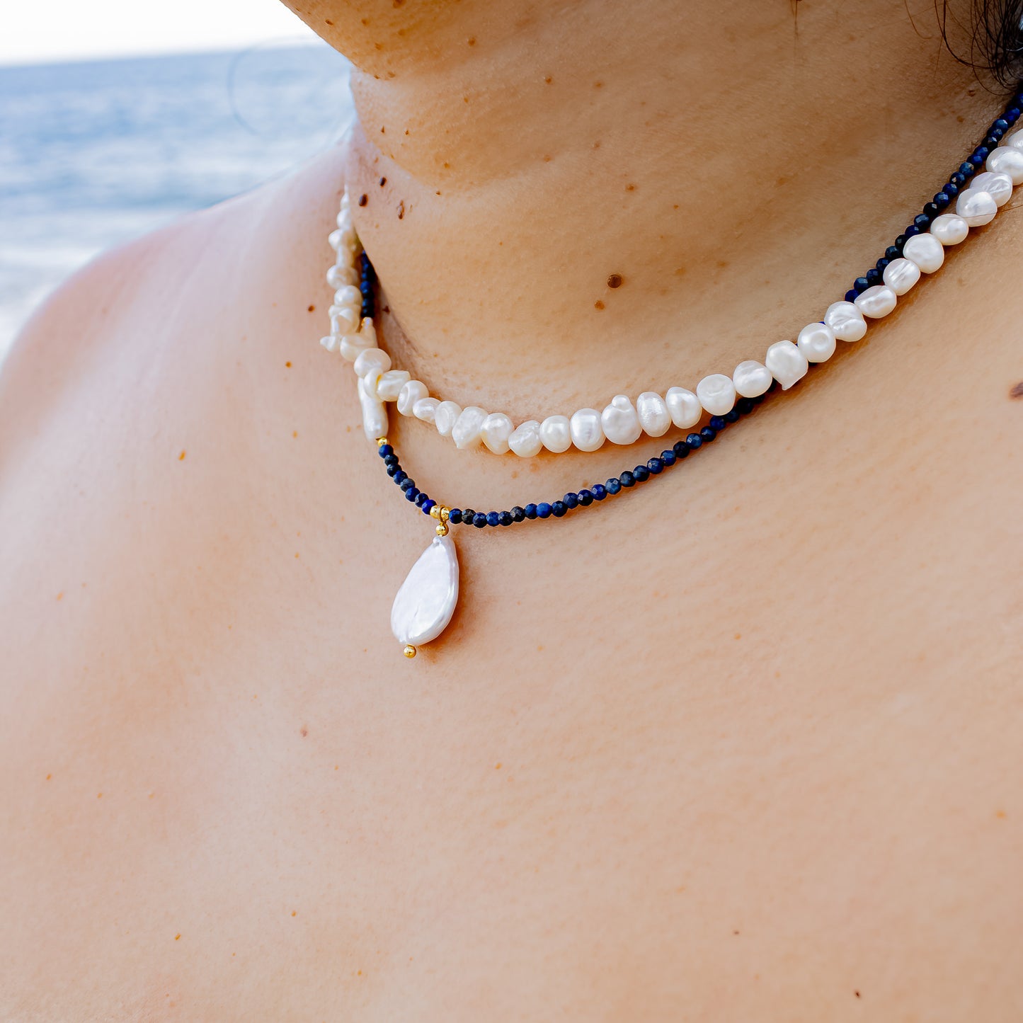 Sandro Lapis Lazuli and Freshwater Pearl Pendant Necklace