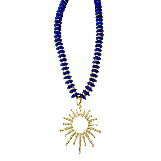 Necklace - Amelia Blue Beaded Necklace with Open Sun Charm - Curated Dry Goods