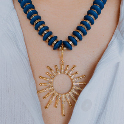 Necklace - Amelia Blue Beaded Necklace with Open Sun Charm - Curated Dry Goods