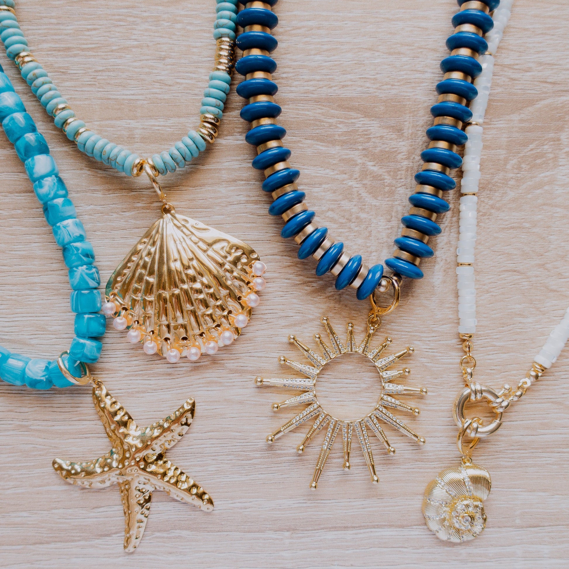 Necklace - Amelia Blue Beaded Necklace with Open Sun Charm - Curated Dry Goods