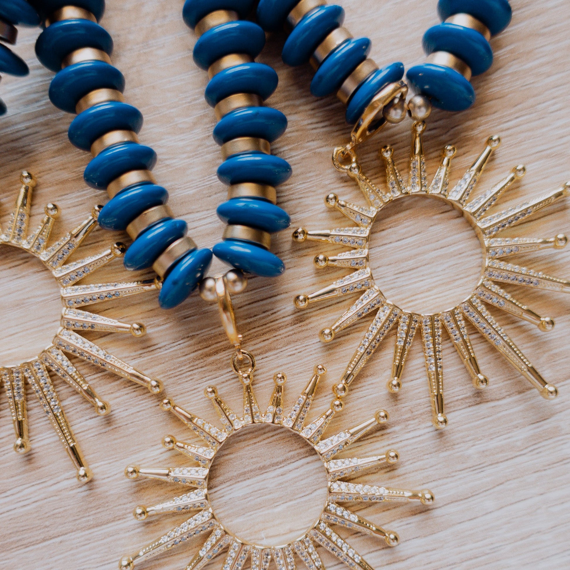 Necklace - Amelia Blue Beaded Necklace with Open Sun Charm - Curated Dry Goods