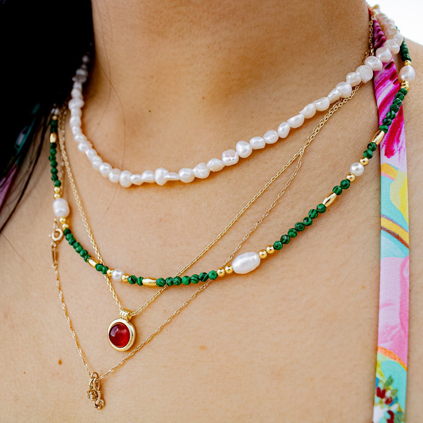 Necklace - Bahia Malachite and Freshwater Pearl Beaded Necklace - Curated Dry Goods