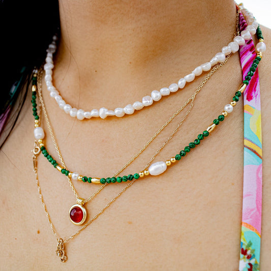 Necklace - Bahia Malachite and Freshwater Pearl Beaded Necklace - Curated Dry Goods