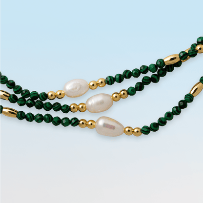 Necklace - Bahia Malachite and Freshwater Pearl Beaded Necklace - Curated Dry Goods