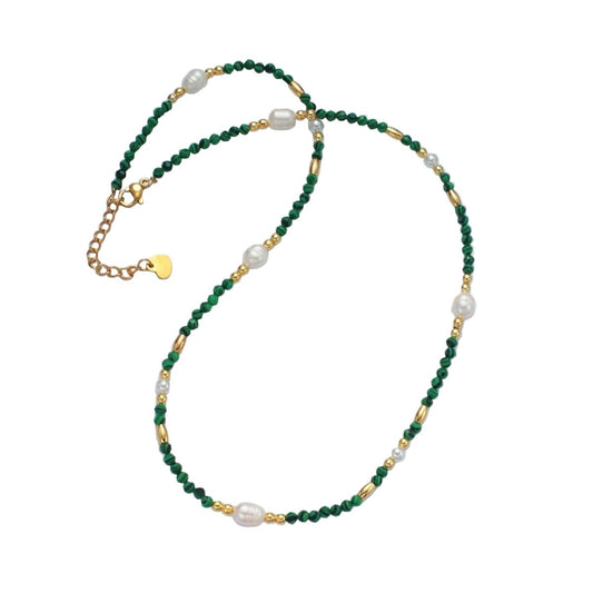Necklace - Bahia Malachite and Freshwater Pearl Beaded Necklace - Curated Dry Goods