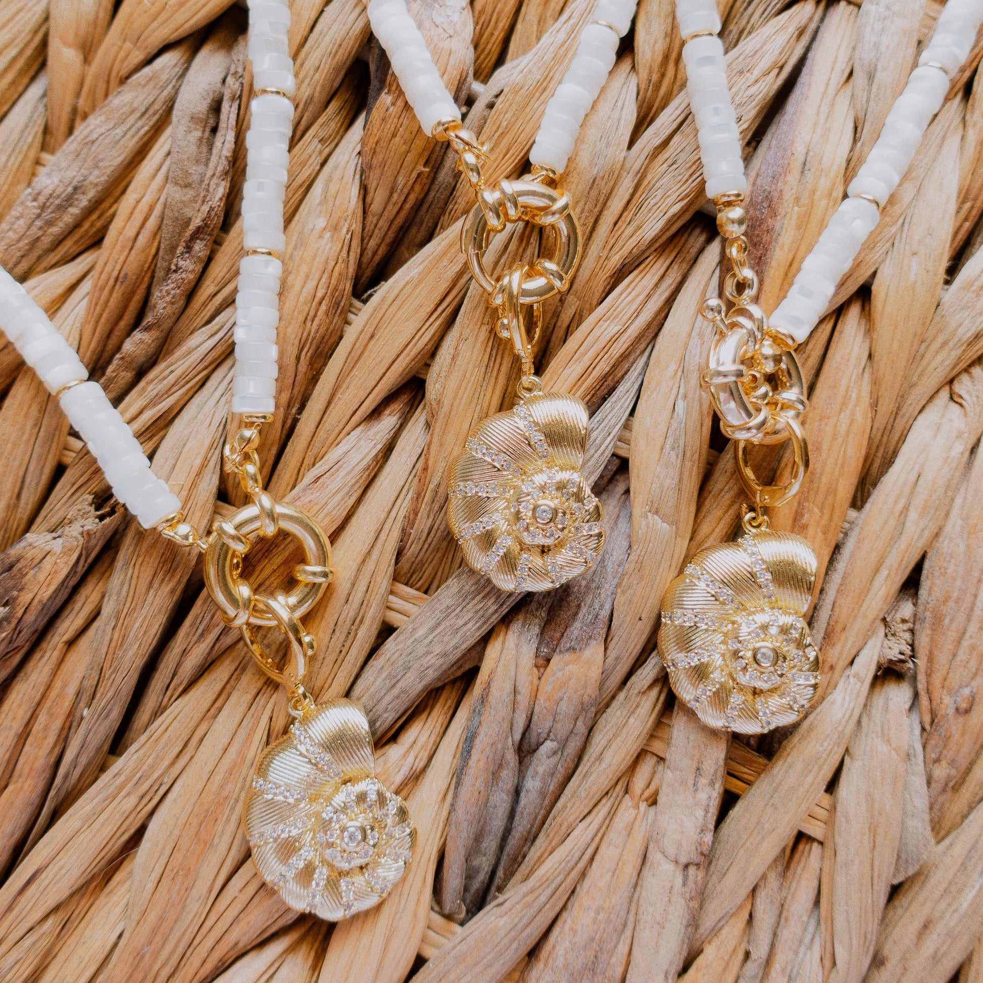 Necklace - Biscayne White Beaded Necklace with Shell Charm - Curated Dry Goods