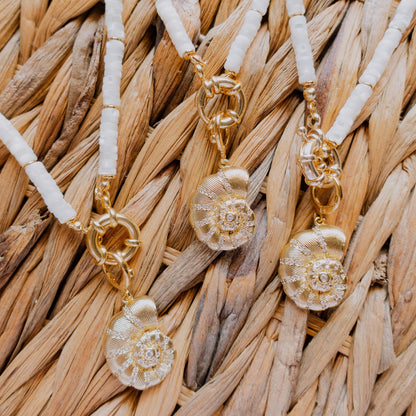 Necklace - Biscayne White Beaded Necklace with Shell Charm - Curated Dry Goods