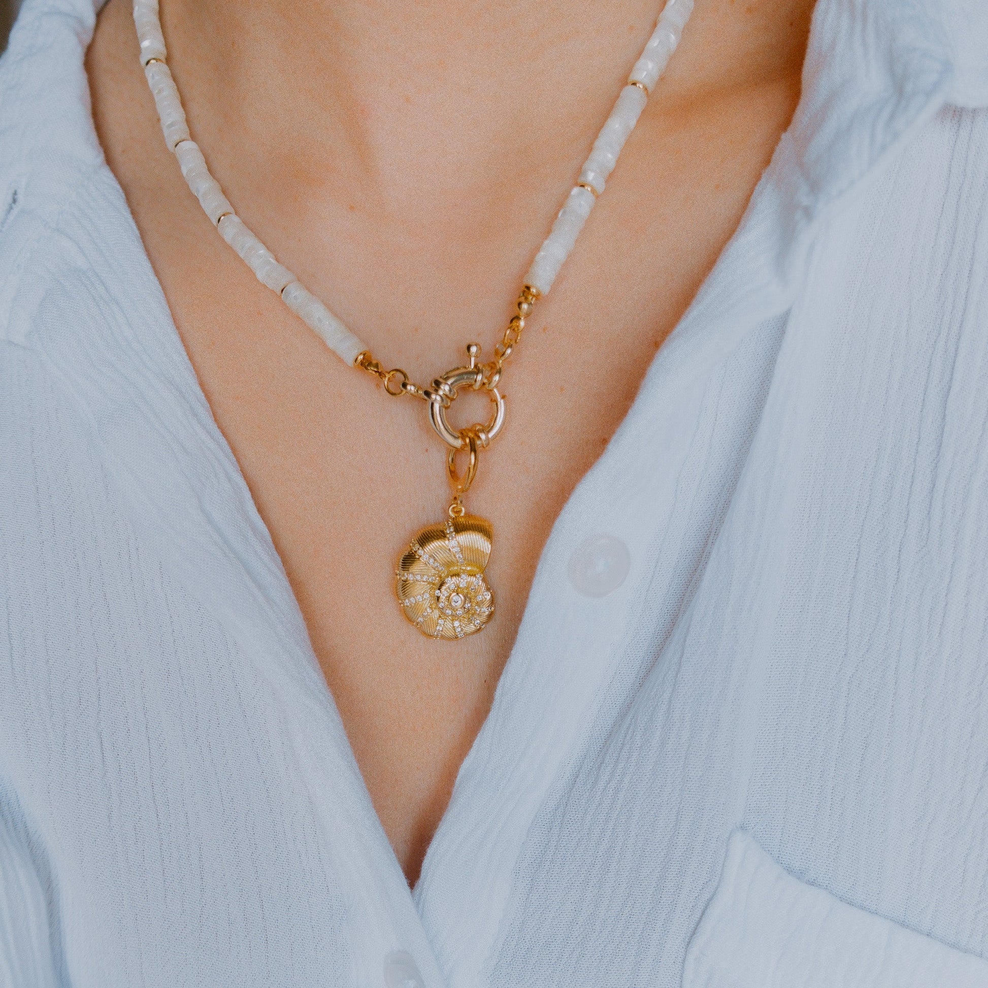 Necklace - Biscayne White Beaded Necklace with Shell Charm - Curated Dry Goods