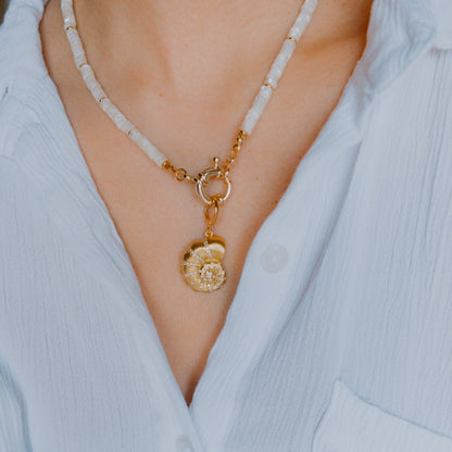 Necklace - Biscayne White Beaded Necklace with Shell Charm - Curated Dry Goods