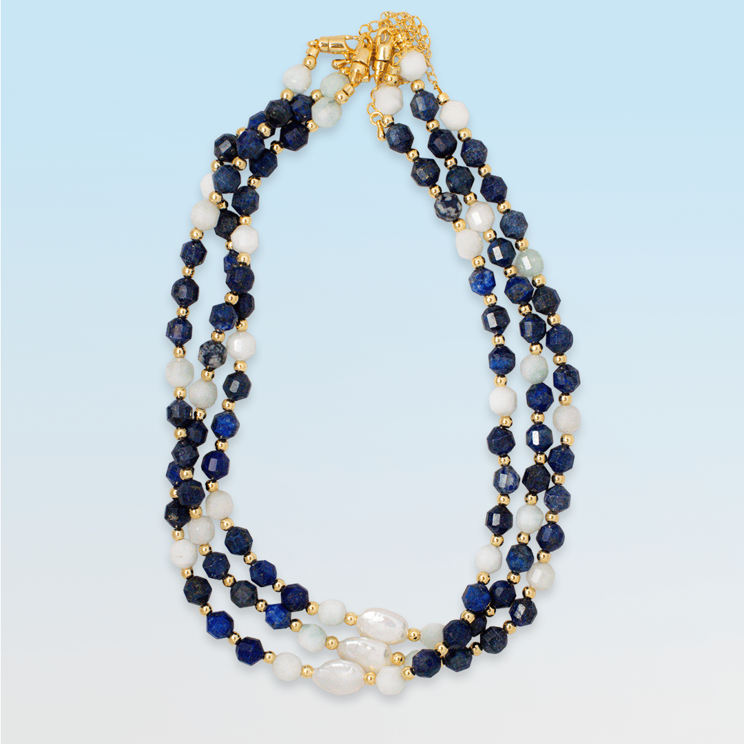 Necklace - Blue Spring Lapis Aquamarine and Pearl Necklace - Curated Dry Goods