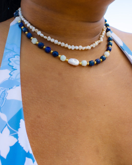 Necklace - Blue Spring Lapis Aquamarine and Pearl Necklace - Curated Dry Goods