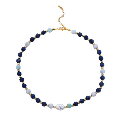 Necklace - Blue Spring Lapis Aquamarine and Pearl Necklace - Curated Dry Goods