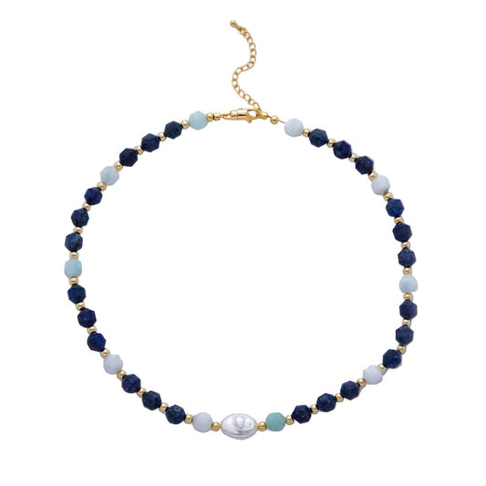Necklace - Blue Spring Lapis Aquamarine and Pearl Necklace - Curated Dry Goods