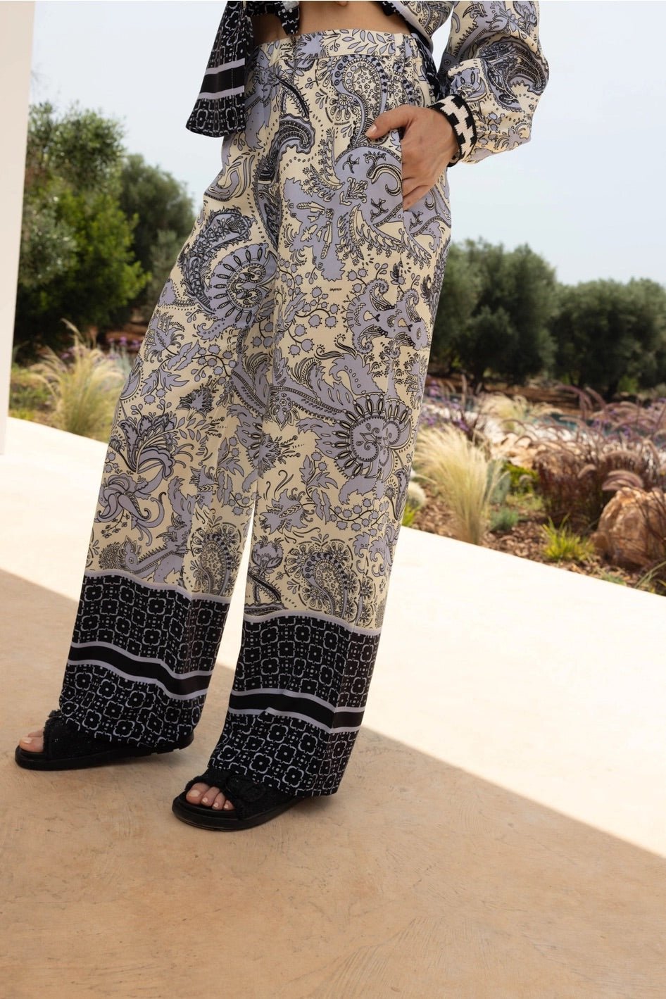 Pants - Border Print Wide Leg Pants - Curated Dry Goods