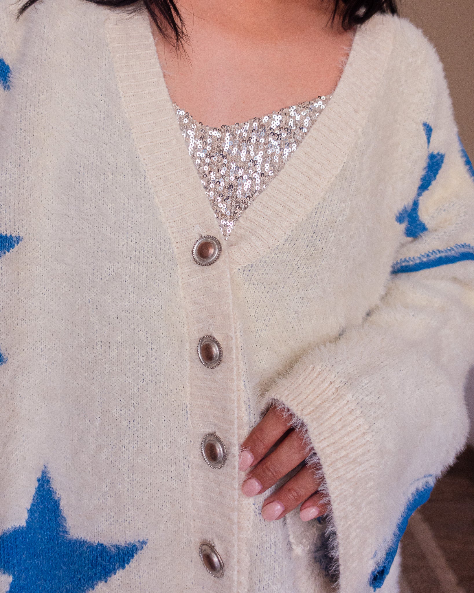 Star Print Oversize Button Down Sweater