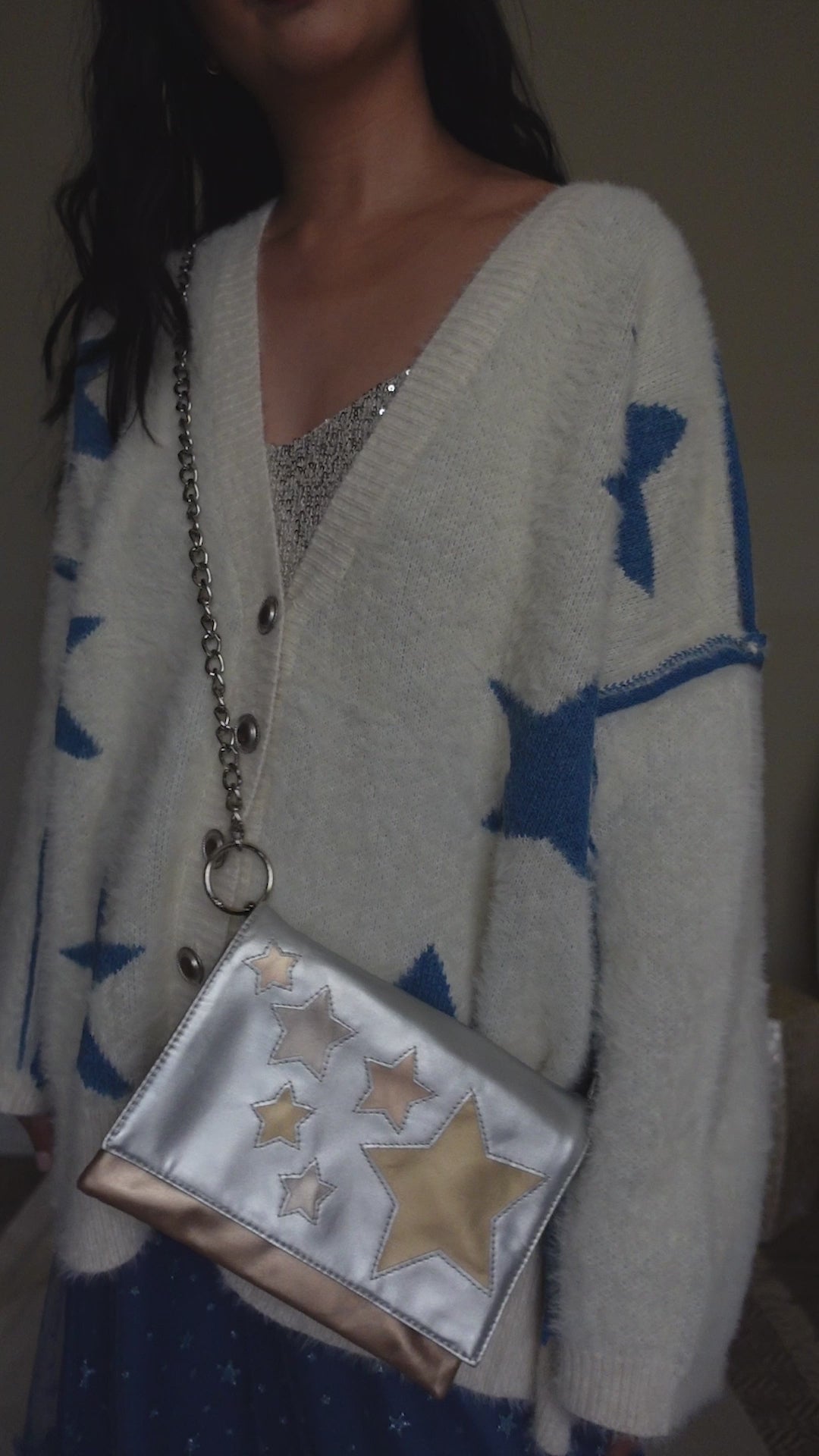 Gold and Silver Star Print Metallic Clutch