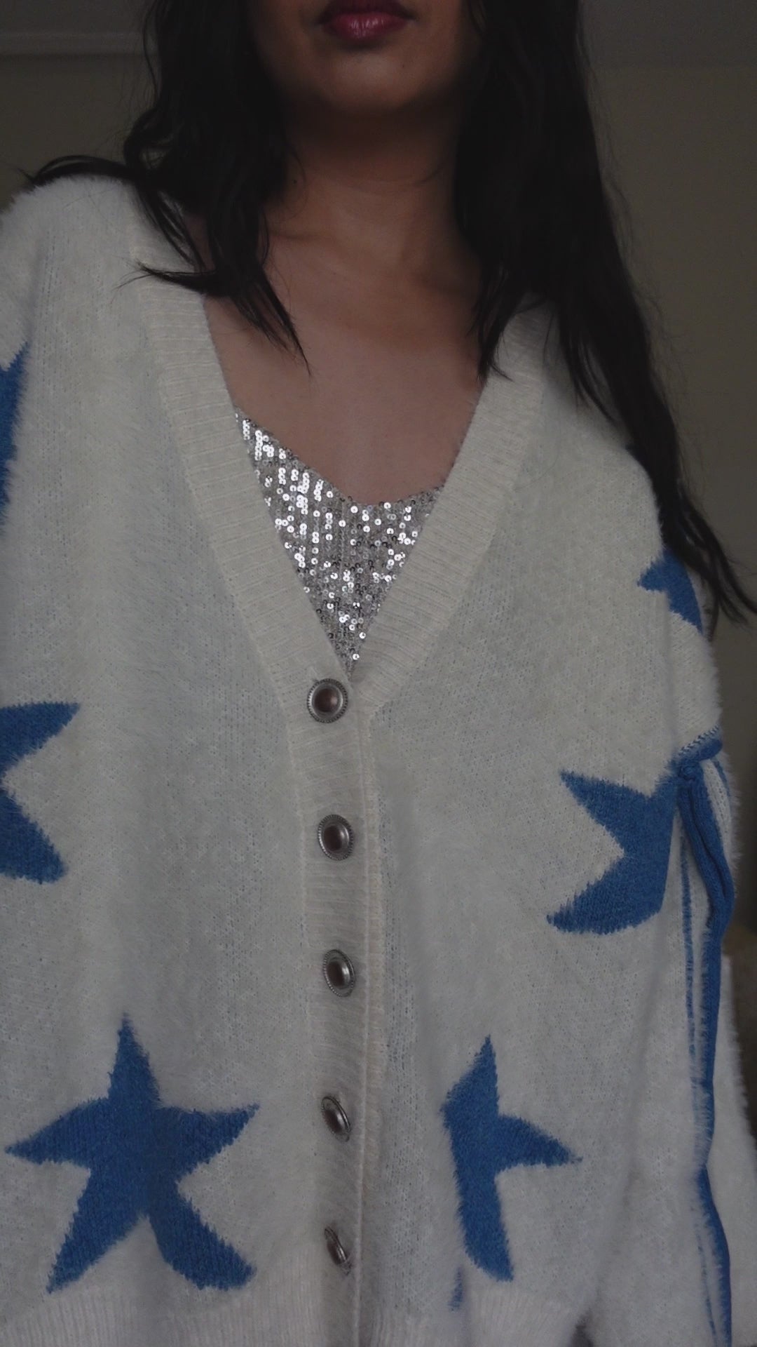 Star Print Oversize Button Down Sweater