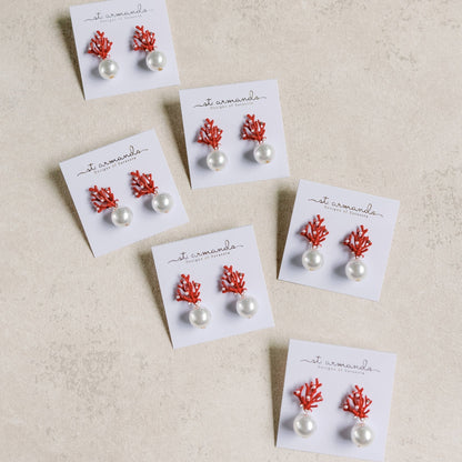 Earrings - Red Coral and Pearl Drop Earrings - Curated Dry Goods