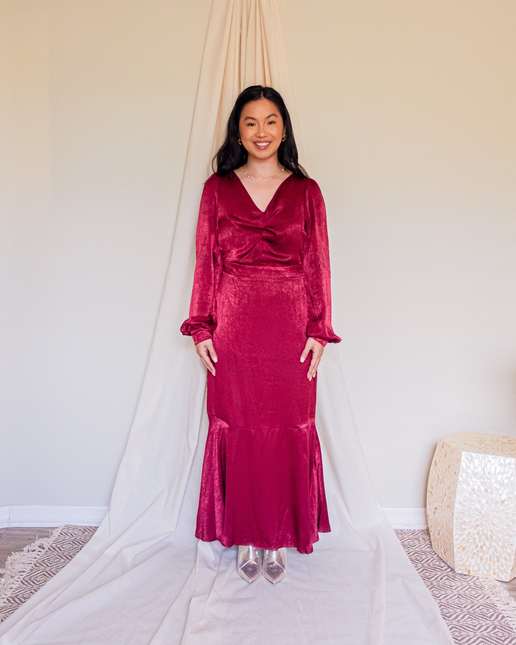 Ruby Satin Maxi Dress with Ruffled Skirt