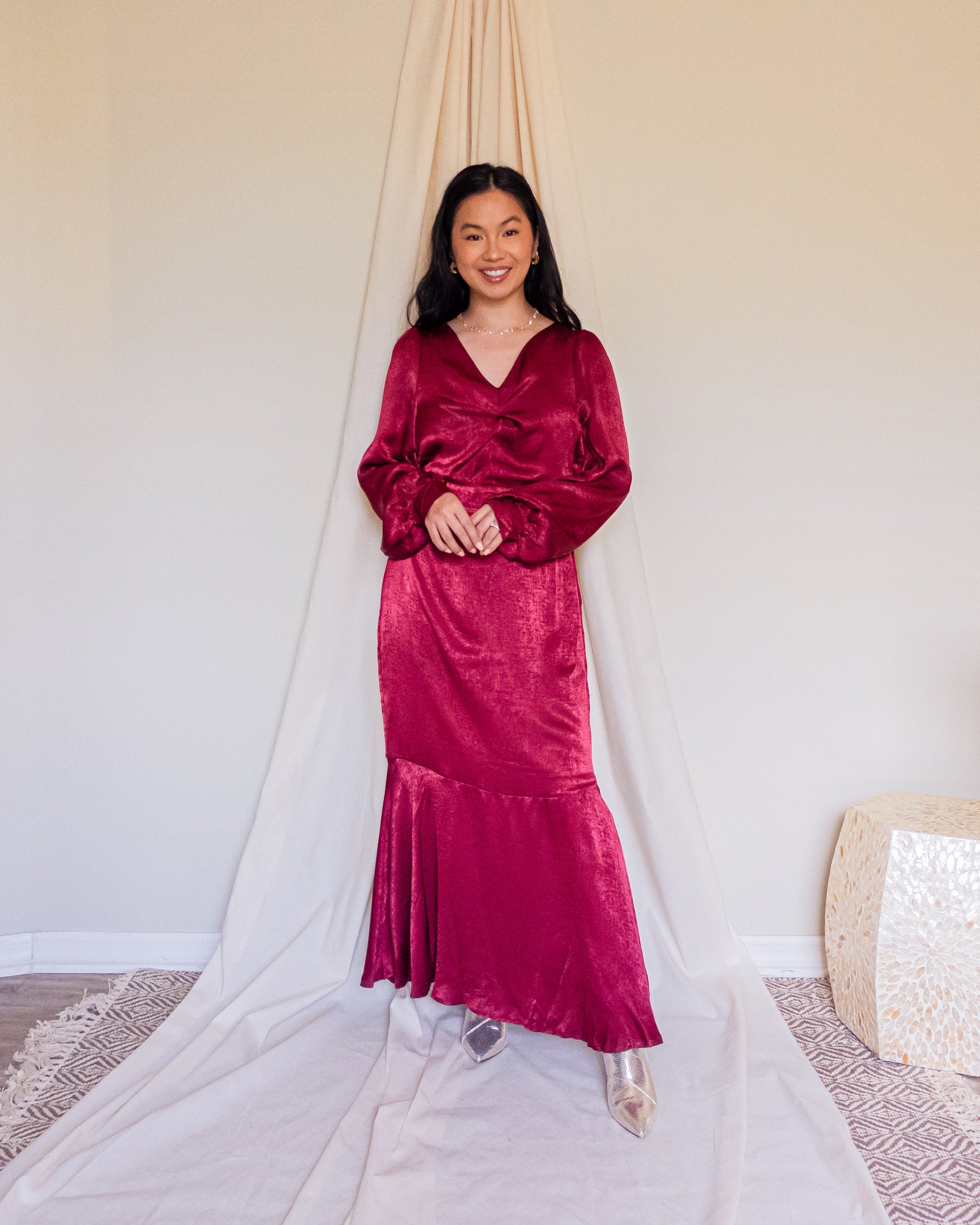 Ruby Satin Maxi Dress with Ruffled Skirt