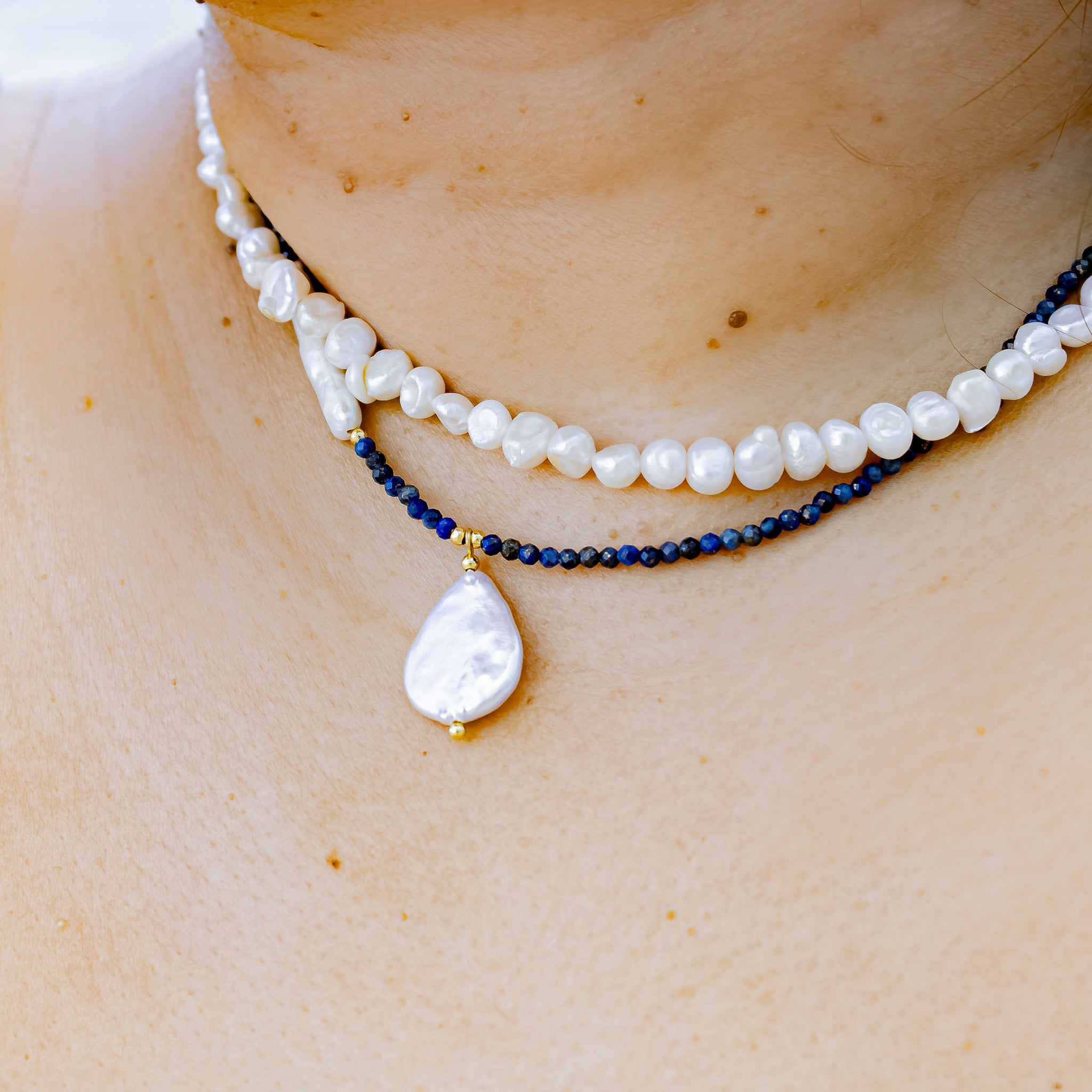 Necklace - Sandro Lapis Lazuli and Freshwater Pearl Pendant Necklace - Curated Dry Goods