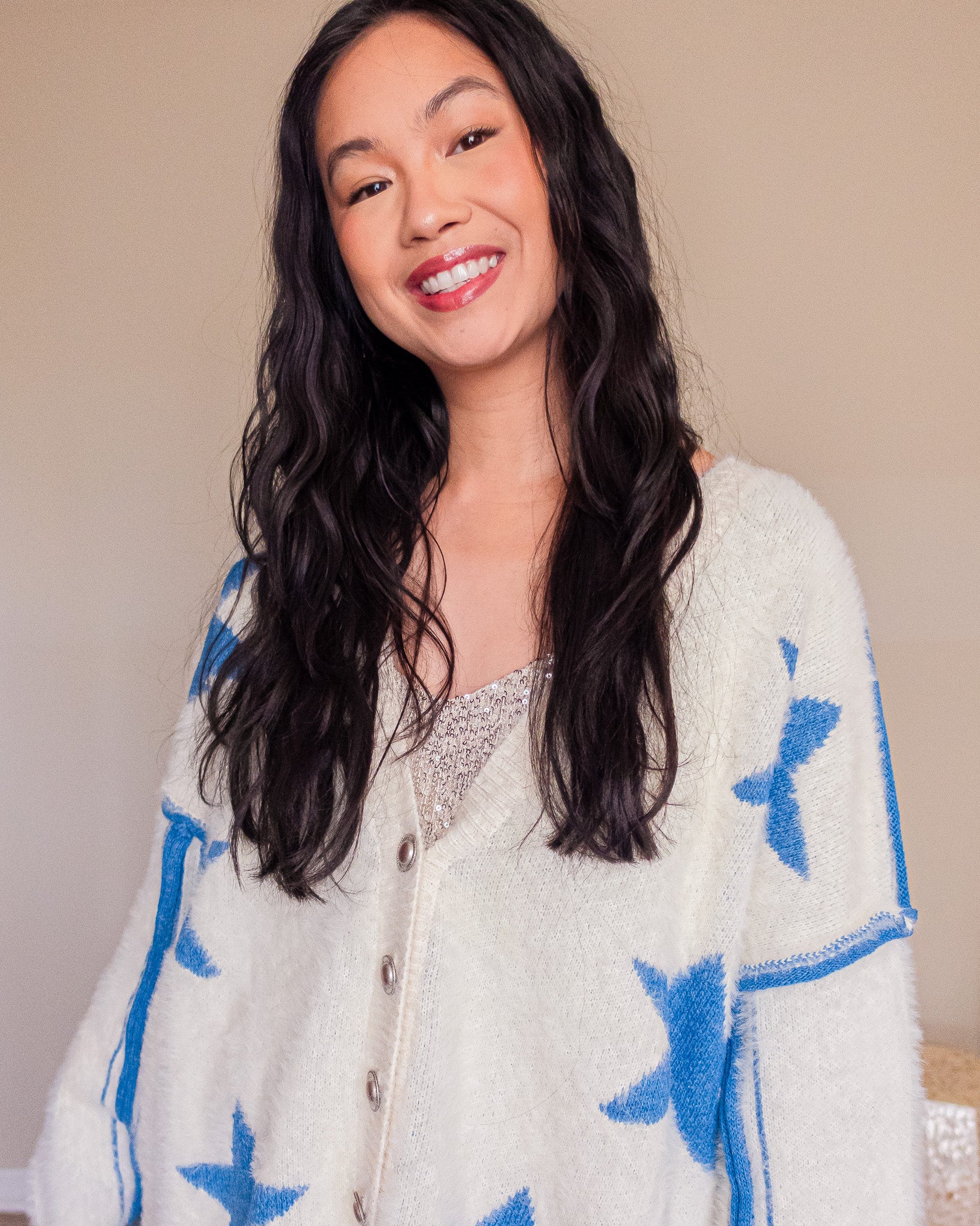 Star Print Oversize Button Down Sweater