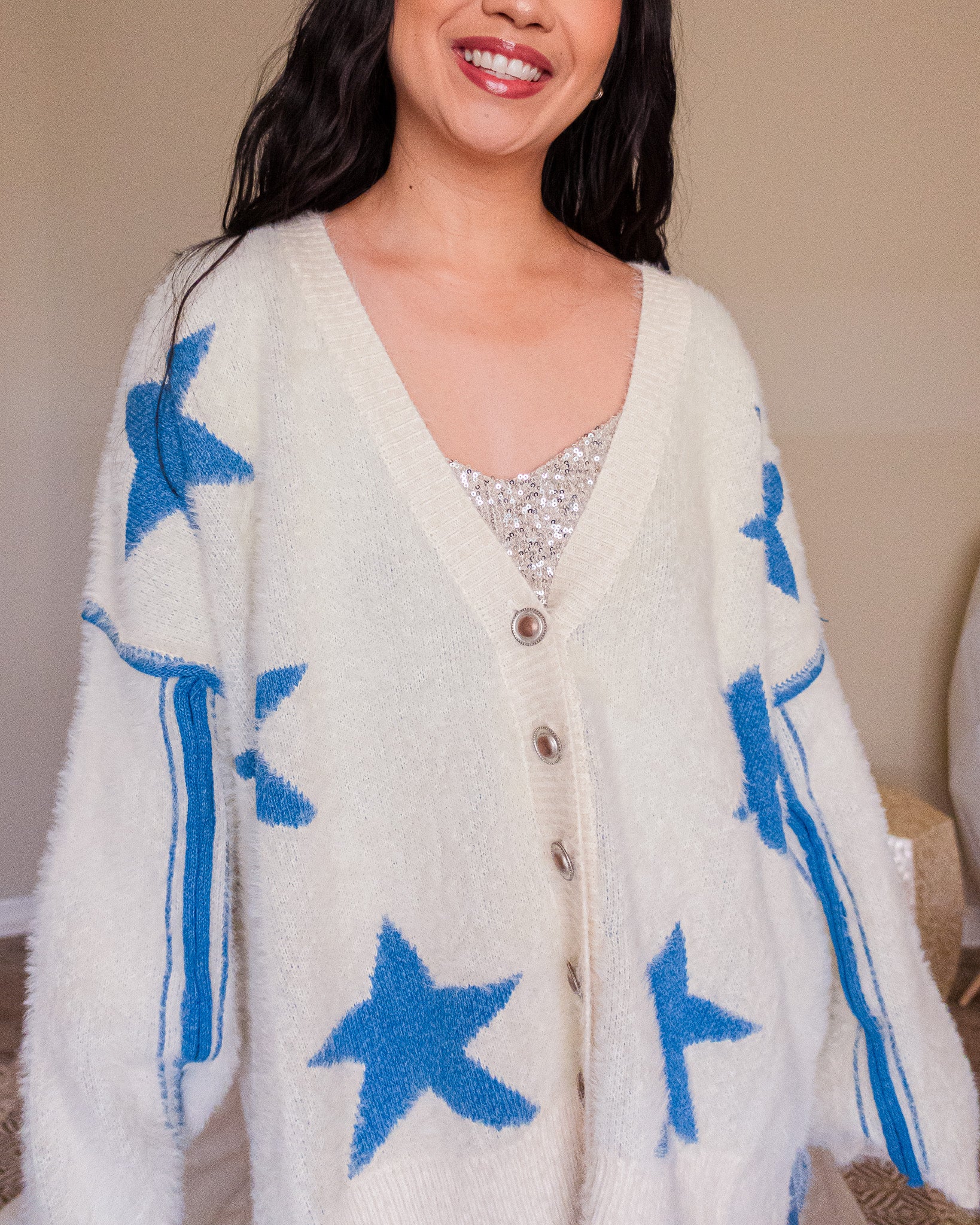 Star Print Oversize Button Down Sweater