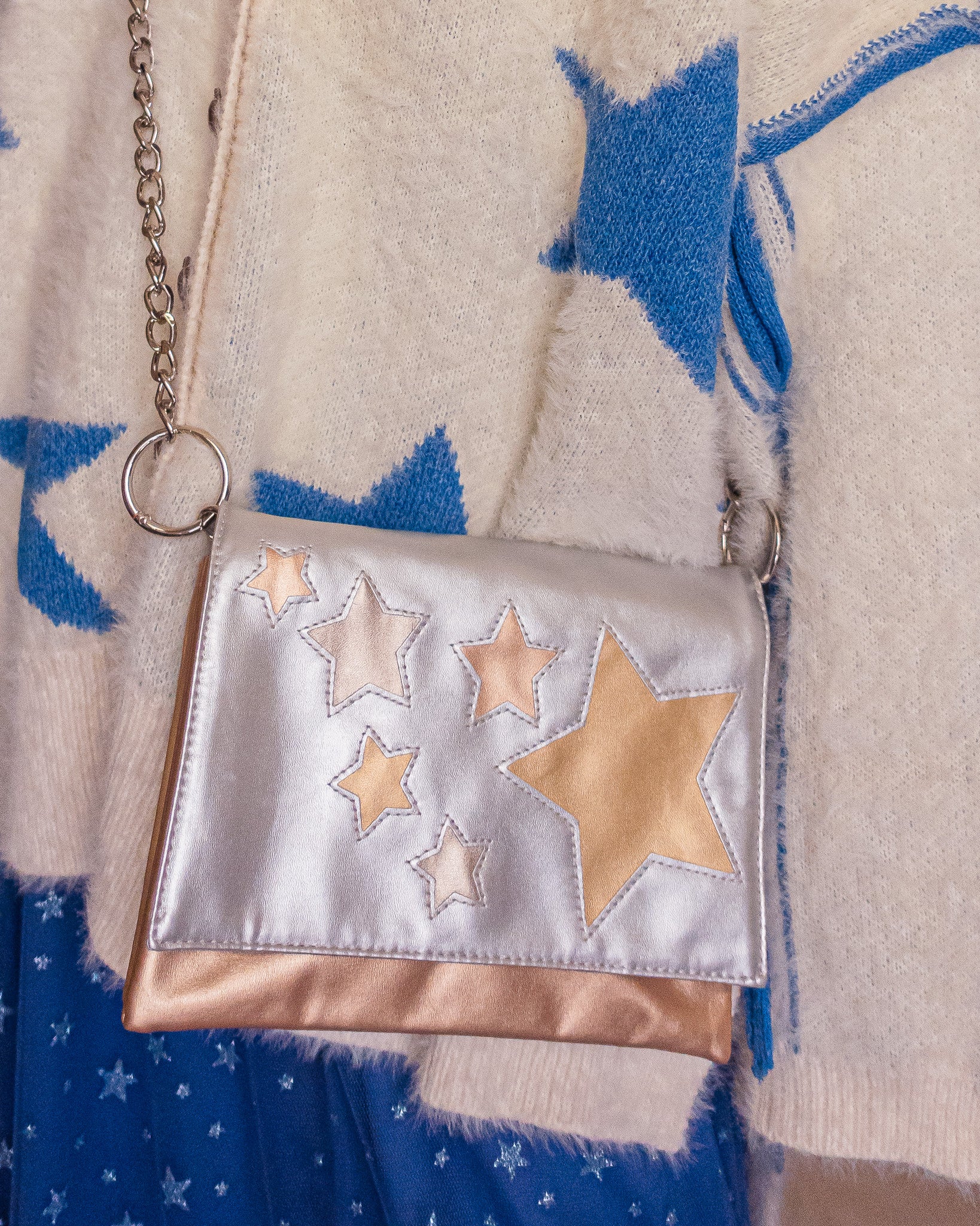 Gold and Silver Star Print Metallic Clutch