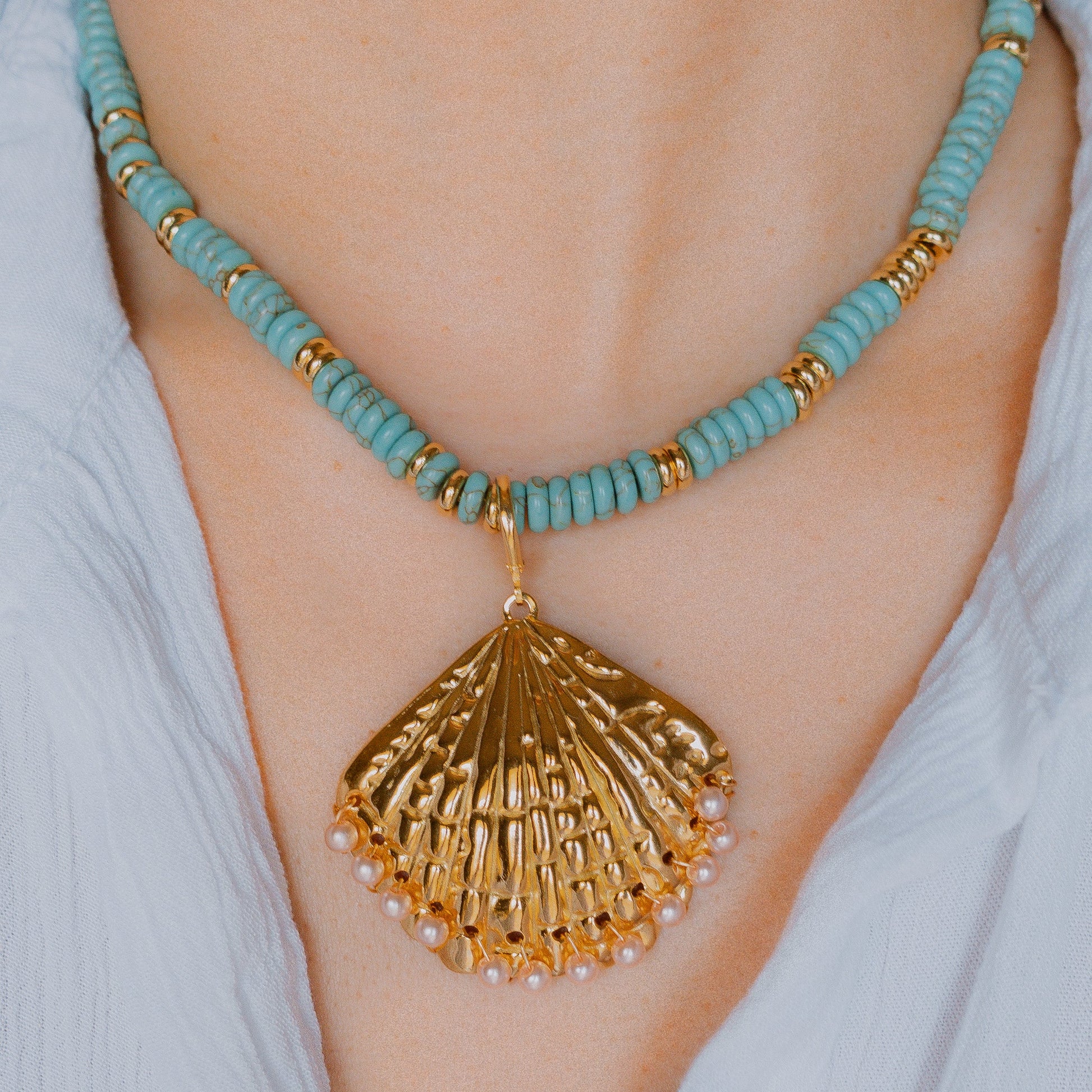 Necklace - Sunlee Turquoise Beaded Necklace with Shell Pendant - Curated Dry Goods