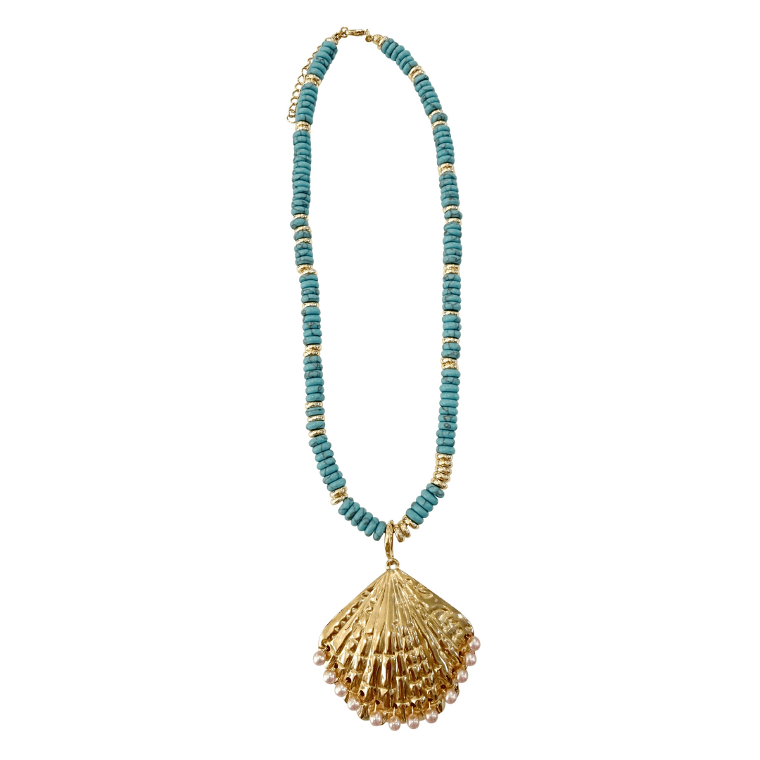 Necklace - Sunlee Turquoise Beaded Necklace with Shell Pendant - Curated Dry Goods