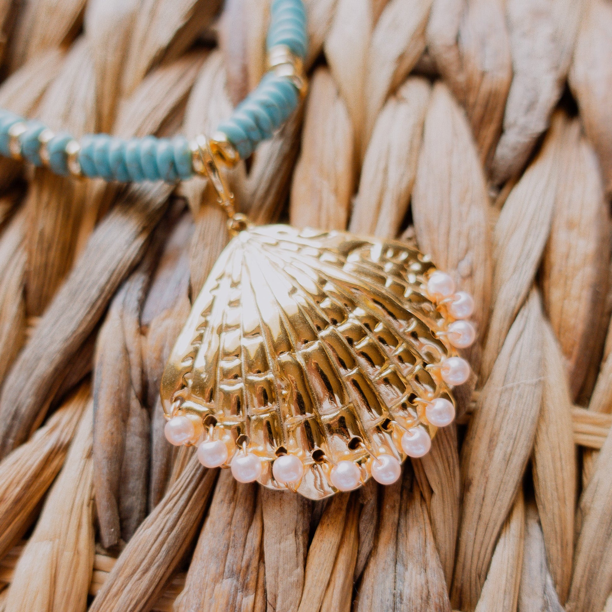 Necklace - Sunlee Turquoise Beaded Necklace with Shell Pendant - Curated Dry Goods