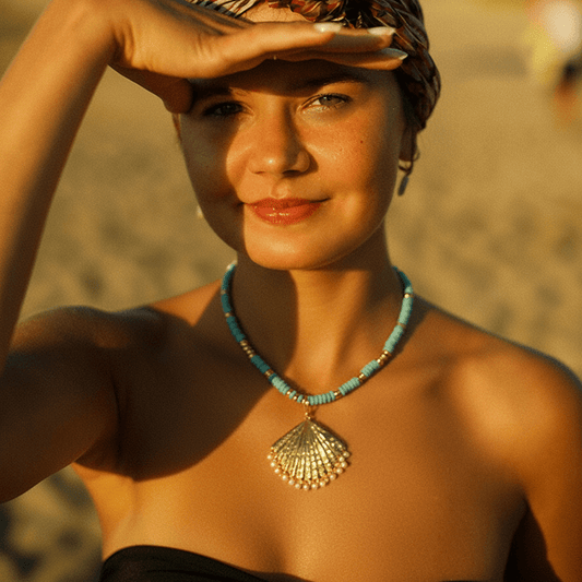 Necklace - Sunlee Turquoise Beaded Necklace with Shell Pendant - Curated Dry Goods
